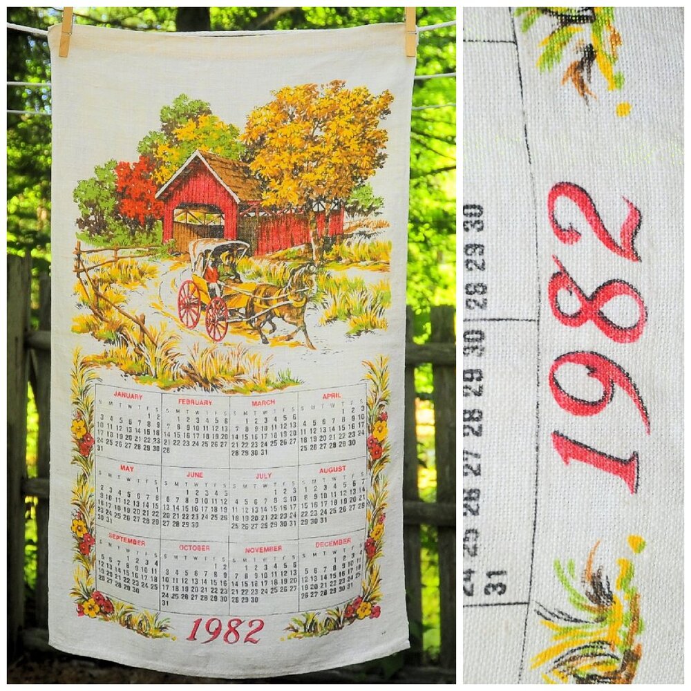 VTG 1982 Red Covered Bridge in Fall w/ Horse & Buggy Calendar Towel